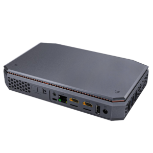 AMD T12 Windows 10 HTPC - Showing rear I/O with Power Supply Port, 2x HDMI Ports, 1GB/s LAN Port, Kensington Lock and 3.5mm Headphone Jack