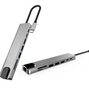 L'adattatore DroiX FX8s USB Type-C mostrato in due angolazioni con porta Ethernet, 2 porte USB Type-C, 1 HDMI, 2 USB Type-A, 1 scheda SD e 1 porta MicroSD