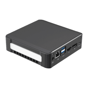 DroiX CK1 Mini PC Windows 10 NUC Up to Intel Core i7 Chipset, 512GB PCI-E NVMe SSD, 16GB DDR4 RAM - Showing left side with 1x Power Adapter Port ; RJ45 Ethernet Port ; 2x USB 3.0 Ports ; 1x HDMI Port ; 1x DVI Port and 1x USB Type-C on the back