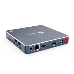 Beelink Gemini M Intel Mini PC Computer - Shown from corner with 2x USB Ports, Audio Jack, RJ45 Ethernet Port, dual HDMI, power plug and button