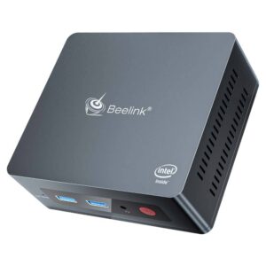 Beelink GK35 Intel Mini PC - Darstellung von vorne im Winkel mit der rechten Seite