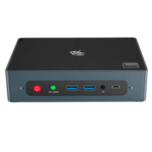 Beelink GTi 10 Windows Intel NUC Mini PC - Vue de face avec bouton d&#039;alimentation, bouton de réinitialisation du CMOS, 2x USB Type-A 3, prise casque et microphone 3,5 mm et USB Type-C