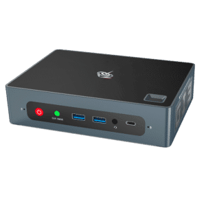 Mini PC Intel NUC di Beelink GTi 10 Windows - Vista frontale con pulsante di accensione, pulsante di reset CMOS, 2x USB Type-A 3, jack per cuffie e microfono da 3,5 mm e USB Type-C