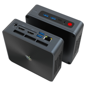 Beelink SEi 10 i3 Mini PC showing from front at angle with 2x USB Type-A 3.0 and 1x USB Type-C Port along with 3.5mm Headphone Jack and from the back with RJ45 Port, 2x USB Type-A 3.0, dual HDMI Ports and Power Port