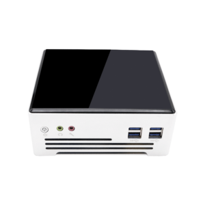 DroiX PROTEUS G4 Intel NUC Mini PC shown from the front with power button, audio output and USB 3.0 Ports