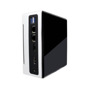 DroiX PROTEUS G4 Intel NUC Mini PC shown from the rear with usb type a 3.1 ports, hdmi, display port, Ethernet and power port