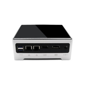 DroiX PROTEUS G4 Intel NUC Mini PC shown from the rear with usb type a 3.1 ports, hdmi, display port, Ethernet and power port