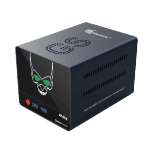 Beelink GS-King X Android BOX con Nas - Vista frontale ad angolo con pulsante di accensione, 2 porte USB Type-A 3.0 e slot per schede Micro SD/TF