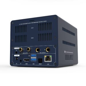 Beelink GS-King X Android BOX med Nas - Viser bageste I/O med lydudgang, DC, DV, HDMI, LAN, SPDIF og USB-porte