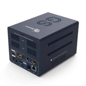 Beelink GS-King X Android BOX med Nas - Viser bageste I/O med lydudgang, DC, DV, HDMI, LAN, SPDIF og USB-porte i vinkel