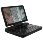 GPD Micro PC Shown from an angle featuring a QWERTY Keyboard Trackpad and Display