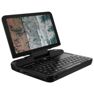 GPD Micro PC vist fra en vinkel med QWERTY tastatur, trackpad og skærm