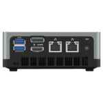 MinisForum UM250 AMD Mini PC - viser I/O på bagsiden med 2x USB Type-A 3.0, 1x DP-port, 1x HDMI-port og 2x RJ45-port til Ethernet sammen med strømport