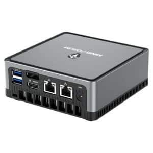 MinisForum UM250 AMD Mini PC - Showing rear I/O with 2x USB Type-A 3.0, 1x DP Port, 1x HDMI Port, and 2x RJ45 Ports for Ethernet along with Power Port