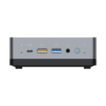 MINISFORUM DMAF5 AMD Mini PC with Ryzen 5 - Shown from front with Mic In, 2x USB Type-A Ports, 1x USB Type-C Port, 3.5mm Jack and Power Button