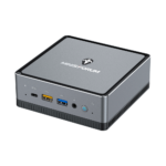 MINISFORUM DMAF5 AMD Mini PC with Ryzen 5 - Shown from top right angle with Mic In, 2x USB Type-A Ports, 1x USB Type-C Port, 3.5mm Jack and Power Button