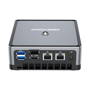 MINISFORUM DMAF5 AMD Mini PC with Ryzen 5 - Shown from the back at angle with Power Port, 2x RJ45 Ethernet Ports, 1x HDMI, 1x DisplayPort and 2x USB Type-A Ports