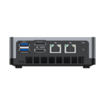 MINISFORUM DMAF5 AMD Mini PC with Ryzen 5 - Shown from the back straight at angle with Power Port, 2x RJ45 Ethernet Ports, 1x HDMI, 1x DisplayPort and 2x USB Type-A Ports