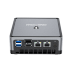 MinisForum EliteMini UM700 - Showing from the back at angle with I/O which is 2x USB Type-A 3.0, 1x HDMI, 1x DisplayPort, 2x RJ45 Ethernet Ports and Power Port