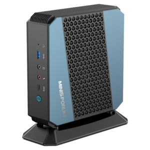 MinisForum EliteMini HX90 Gaming Mini PC - vist forfra med USB Type-A 3.0, mikrofon- og hovedtelefonstik, USB-Type C og tænd/sluk-knap