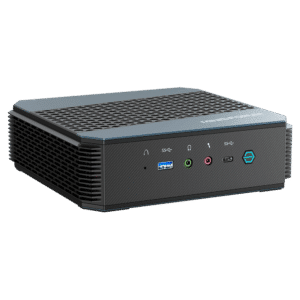 MinisForum EliteMini HX90 Gaming Mini-PC Horizontaal - Getoond vanaf de voorkant met USB Type-A 3.0, Microfoon &amp; Hoofdtelefoonaansluiting, USB-Type C en aan/uit-knop vanuit een andere hoek