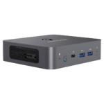 MinisForum X35G Windows Intel NUC Mini PC - Shown from the front at angle with Microphone, Power Port, USB Type-C and 2x USB Type-A 3.0