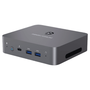 MinisForum X35G Windows Intel NUC Mini PC - Shown from the front at angle with Microphone, Power Port, USB Type-C and 2x USB Type-A 3.0