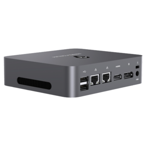 MinisForum X35G Windows Intel NUC Mini PC - Shown from the back at angle with 2x USB Type-A 2.0, 2x RJ45 Ethernet Ports, Display Port and HDMI Port