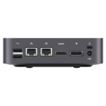 MinisForum X35G Windows Intel NUC Mini PC - Shown from the back at angle with 2x USB Type-A 2.0, 2x RJ45 Ethernet Ports, Display Port and HDMI Port along with Power Port and Kensington Lock