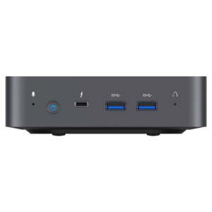 MinisForum X35G Windows Intel NUC Mini PC - Shown from the front with Microphone, Power Port, USB Type-C and 2x USB Type-A 3.0