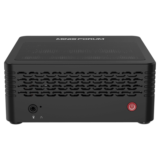 MinisForum EliteMini X500 Windows 10 Mini Computer   Shown from the front with 35mm HeadphoneMicrophone Jack and Power Button