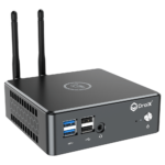 Proteus by DroiX Windows Mini PC - Shown from the front with 2x USB 3.0 Type-A, 2x USB Type-A 2.0, 1x 3.5mm Headphone&Mic combo