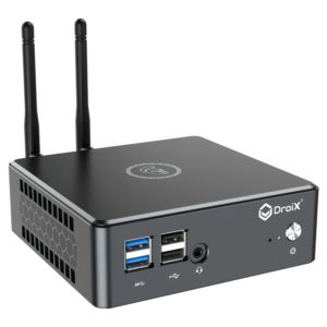 Proteus by DroiX Windows Mini PC - Mostrato dalla parte anteriore con 2x USB 3.0 Type-A, 2x USB Type-A 2.0, 1x 3.5mm Headphone&amp;Mic combo