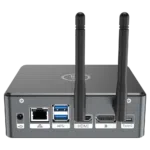 Proteus by DroiX Windows Mini PC   Shown from the rear with Display Port HDMI Port USB Type C Port 2x USB Type A and RJ45 1GBs Ethernet Port