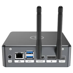 Proteus by DroiX Windows Mini PC - Shown from the rear with Display Port, HDMI Port, USB Type-C Port, 2x USB Type-A and RJ45 1GB/s Ethernet Port