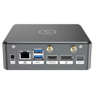 Proteus by DroiX Windows Mini PC - Abbildung von hinten mit Display Port, HDMI Port, USB Typ-C Port, 2x USB Typ-A und RJ45 1GB/s Ethernet Port