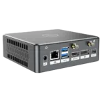 Proteus by DroiX Windows Mini PC   Shown from the rear with Display Port HDMI Port USB Type C Port 2x USB Type A and RJ45 1GBs Ethernet Port