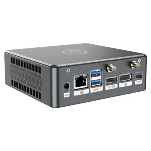 Proteus by DroiX Windows Mini PC - Visas från baksidan med displayport, HDMI-port, USB typ-C-port, 2x USB typ-A och RJ45 1GB/s Ethernet-port