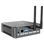 Proteus by DroiX Windows Mini PC   Shown from the rear with Display Port HDMI Port USB Type C Port 2x USB Type A and RJ45 1GBs Ethernet Port