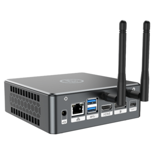 Proteus by DroiX Windows Mini PC - Représenté de l'arrière avec port d'affichage, port HDMI, port USB Type-C, 2x USB Type-A et port Ethernet RJ45 1GB/s.