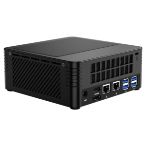 MinisForum EliteMini X400 Ryzen 5 PRO Mini Computer - Showing Rear I/O, including: 4x USB 3.0 Type-A, 2x RJ45 Ethernet Ports, HDMI Port, DP Port and Power Port