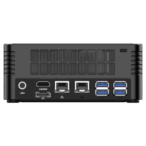 MinisForum EliteMini X400 Ryzen 5 PRO Mini Computer - Zeigt rückseitige E/A, einschließlich: 4x USB 3.0 Typ-A, 2x RJ45 Ethernet Ports, HDMI Port, DP Port und Power Port