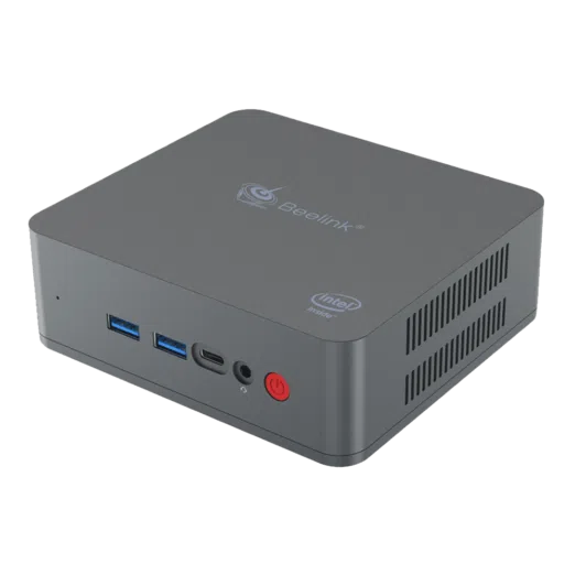 Beelink U55 Windows 10 Mini PC   Front View at an Angle showing Power Button Headphone Jack USB Type C Port and two USB 30 Ports
