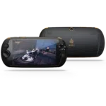 MOQi i7 Android Smartphone Handheld   Front view showing the console playing a MMORPG Game and the Camera on the back