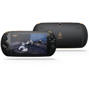 Palmare smartphone Android MOQi i7 - Vista frontale che mostra la console che gioca a un gioco MMORPG e la fotocamera sul retro