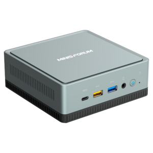 MinisForum DeskMini UM350 Ryzen Mini PC shown from the front at angle