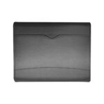 The backside of the black case featuring a subtle curved stitching pattern and a cutout section for easy access