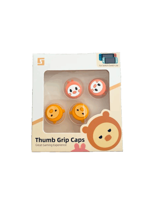 A product box containing four circular thumb grip caps for a Nintendo Switch Two caps are orange and two are yellow each featuring a cute white kawaii animal face with pink cheeks The packaging is white with the text Thumb Grip Caps and Great Gaming Experience