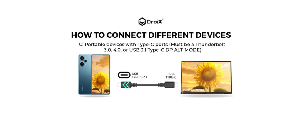DroiX PM13 2K Portable Monitor 8 Harness the advanced capabilities of Thunderbolt 3, 4, or USB 3.1 DP ALT-MODE on your smartphone to seamlessly connect to the DroiX PM13 portable monitor for both video output and power delivery. Utilize the Type-C port with DP ALT-MODE support on your smartphone for a streamlined experience with a single cable handling video transmission and power supply
