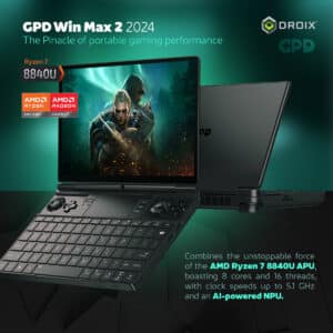 Il GPD Win Max  2 (2024) è dotato di un processore AMD Ryzen 7 8840U con 8 core e 16 thread, con velocità di clock fino a 5,1 GHz. Il dispositivo include anche una NPU AI-powered, che ne migliora le prestazioni per le applicazioni più impegnative e per i giochi.